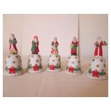 5 Porcelain Decorated Santa Bells - 5" Tall