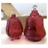 2 VTG Ruby Etched Glass Bottles w/Lids 4 & 5"