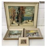 4 Landscape Oil Paintings & Print