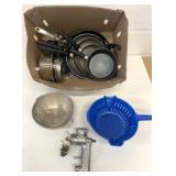 Box Lot of Assorted Pots, Pans Plus