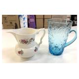 Blue Glass & Floral Pitchers