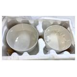 New 2 Pc 6' White Ceramic Bowls w/Bamboo Stand