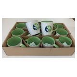 14 New White w/Green 10oz Coffee Mugs