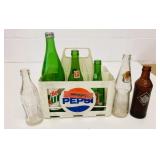 Plastic Pepsi Crate & 6 Assorted Glass Bottles