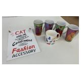 5 Cat Mugs & Wall Hanging