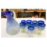 Blue Art Glass Pitcher & 9 Goblets