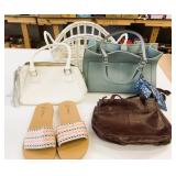 Handbags, Size 11 Sandals & White Wicker Basket