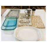 Assorted Kitchen Lot, Baking Dishes, Glasses, Mugs