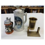 Wolf Beer Steins, Brass Desk Card & Pen Holder