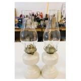 Pair VTG Ceramic & Glass Globe Hurricane Lamps