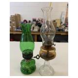 Vintage Green & Amber Glass Oil Lamps
