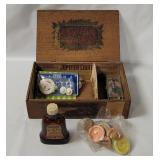 Cigar Box W/ Vtg Items - Buttons, Whisky Bottle