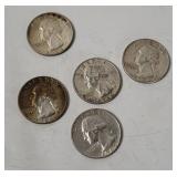 5 Washington Silver Quarters 1964