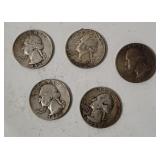 5 Washington Silver Quarters 1952