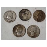 5 Washington Silver Quarters 1952