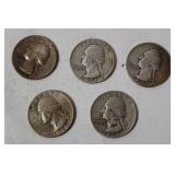 5 Washington Silver Quarters 1951
