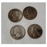 4 Washington Silver Quarters 1947