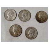 5 Washington Silver Quarters 1964