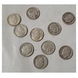 10 Roosevelt Silver Dimes, Assorted Dates