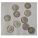 10 Roosevelt Silver Dimes, Assorted Dates