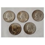 5 Washington Silver Quarters 1964