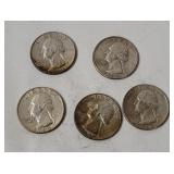5 Washington Silver Quarters 1964