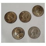 5 Washington Silver Quarters 1964