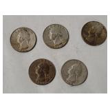 5 Washington Silver Quarters 1964
