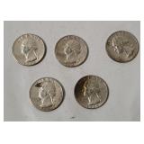 5 Washington Silver Quarters 1964