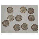 10 Roosevelt Silver Dimes, Assorted Dates