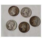 5 Washington Silver Quarters 1943