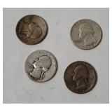 4 Washington Silver Quarters 1945