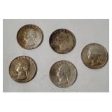 5 Washington Silver Quarters 1964