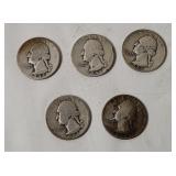 5 Washington Silver Quarters 1941