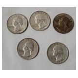5 Washington Silver Quarters 1964