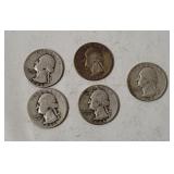 5 Washington Silver Quarters 1946