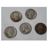 5 Washington Silver Quarters 1941