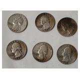 6 Washington Silver Quarters 1958