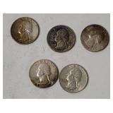 5 Washington Silver Quarters 1959