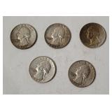 5 Washington Silver Quarters 1959
