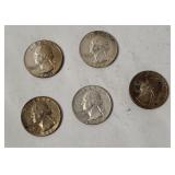 5 Washington Silver Quarters 1964