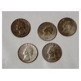 5 Washington Silver Quarters 1964