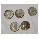 5 Washington Silver Quarters 1964