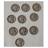 10 Mercury Silver Dimes, Assorted Dates