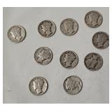10 Mercury Silver Dimes, Assorted Dates
