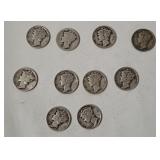 10 Mercury Silver Dimes, Assorted Dates