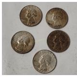 5 Washington Silver Quarters 1964