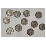 11 Mercury Silver Dimes, Assorted Dates