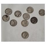 10 Mercury Silver Dimes, Assorted Dates