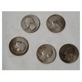 5 Washington Silver Quarters 1953
